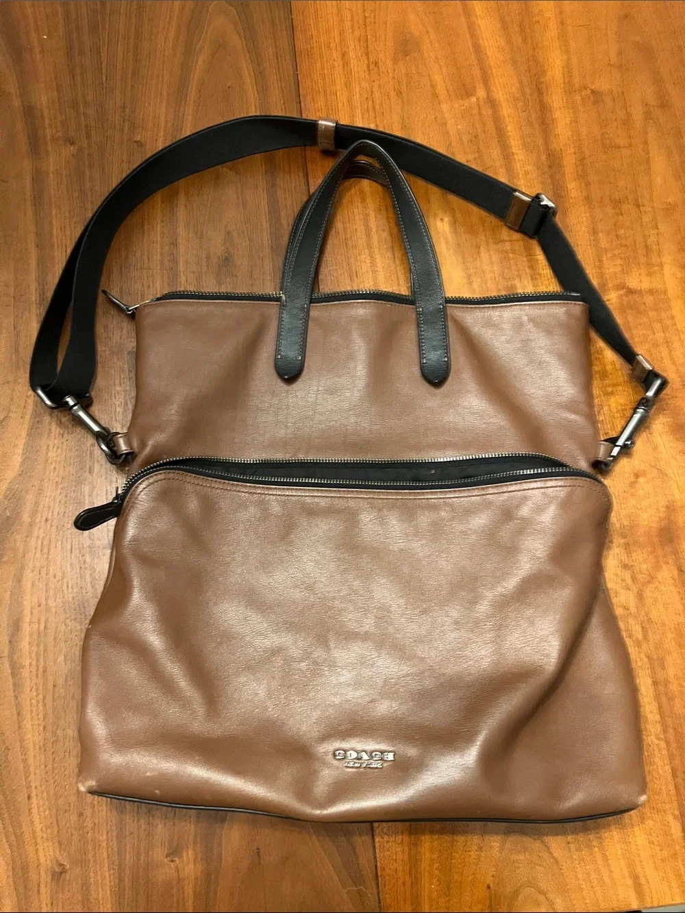 Coach Brown Leather Convertible Laptop Tote with Black Trim